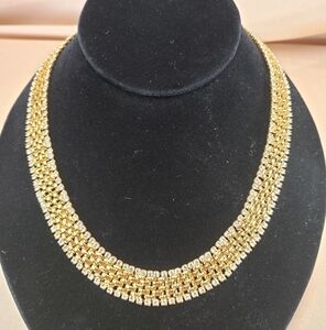 Kenneth Jay Lay Gold Plated Rhinestones Basket Weave Collar Necklace Adjustable